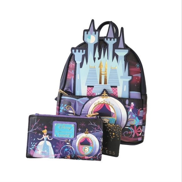 DISNEY X LOUNGEFLY Cinderella Castle Backpack & Wallet Matching Bundle - Picture 1 of 16